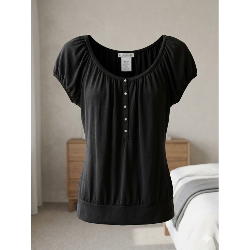 Rocker Girl Black Rhinestone Button Henley Blouson Top Junior XL
